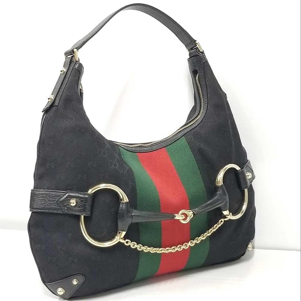 Gucci Tom Ford Era Black GG Canvas and Leather Horsebit Web Hobo handbag